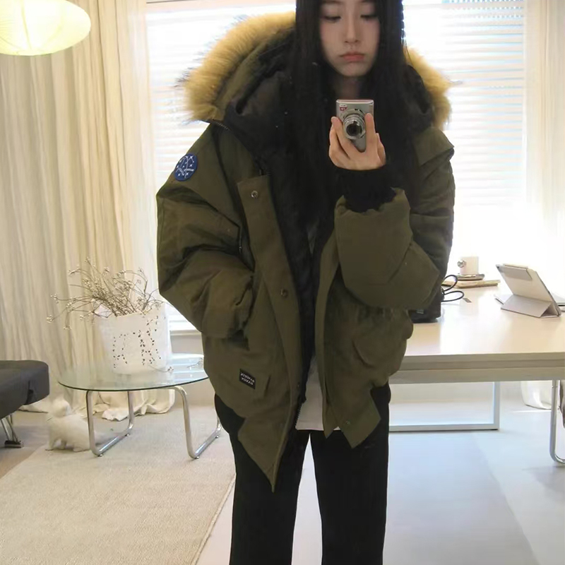 工装短款棉服女2024冬季新款美式复古棉衣派克服宽松加厚毛领外套