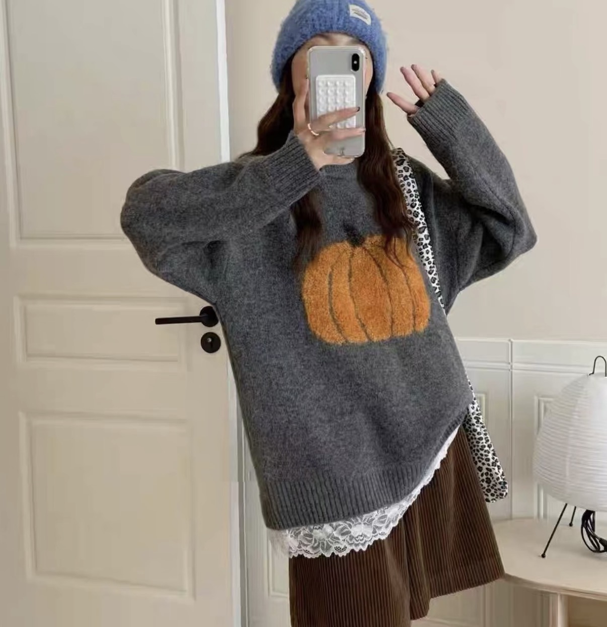 2025冬季新款圆领厚款拼接蕾丝针织南瓜上衣时尚气质ins风