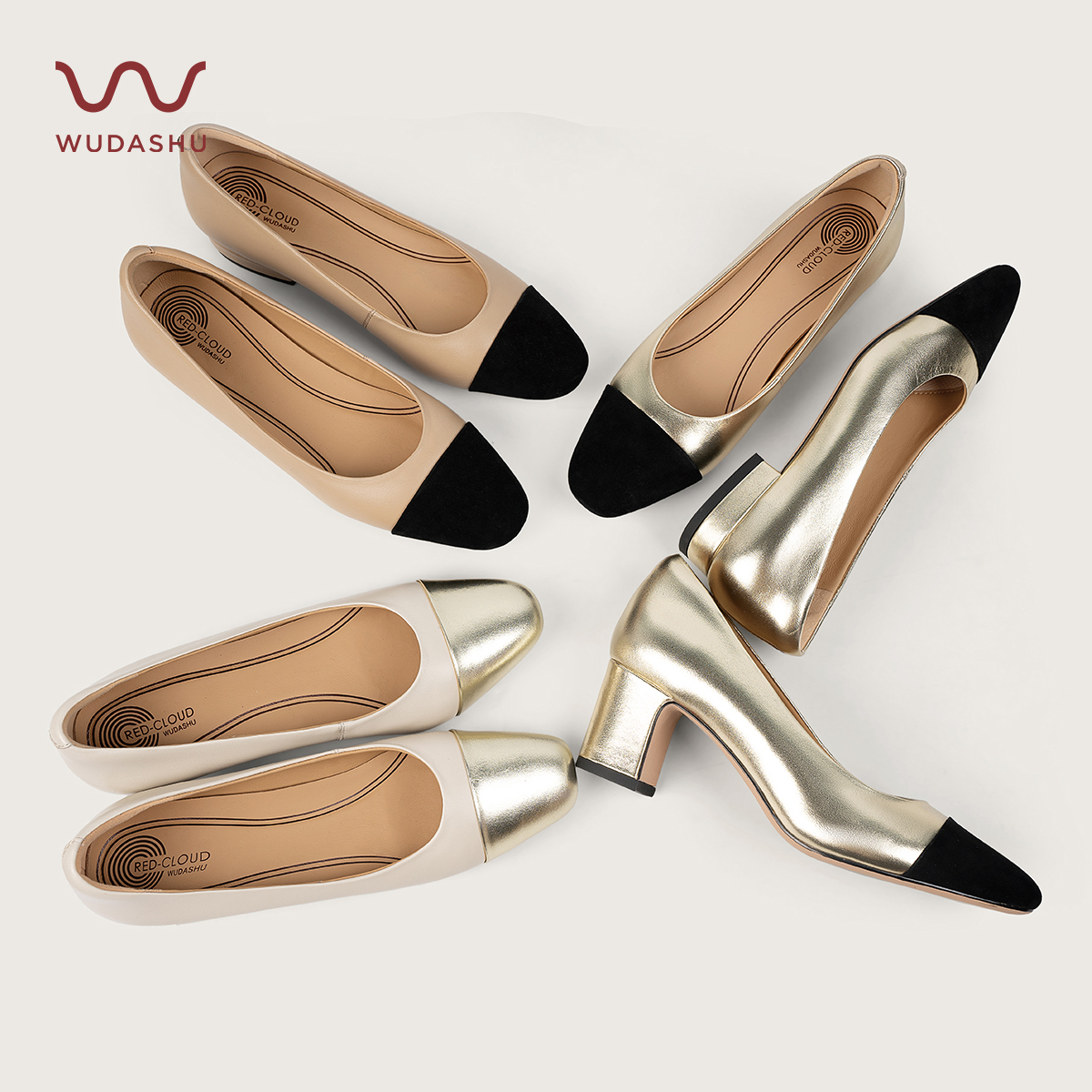 吴大叔红云鞋轻职风小圆头软皮舒适单鞋拼色小香风粗跟跟鞋Z030