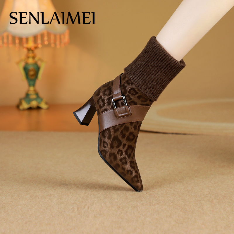 【GLS】复古时尚新款8941牛皮33-41尖头高跟针织中筒毛线弹力瘦瘦靴