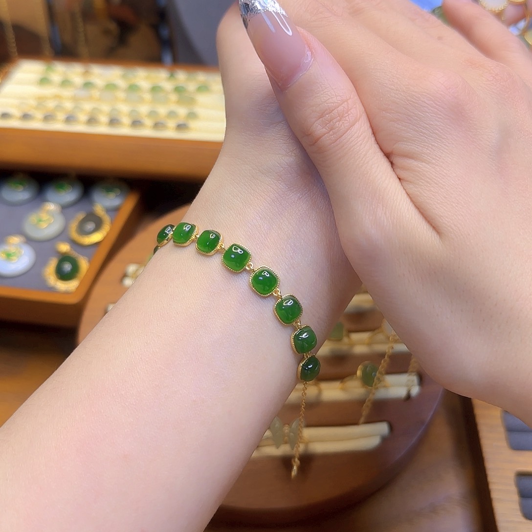 和田玉手链银S925镀金镶嵌