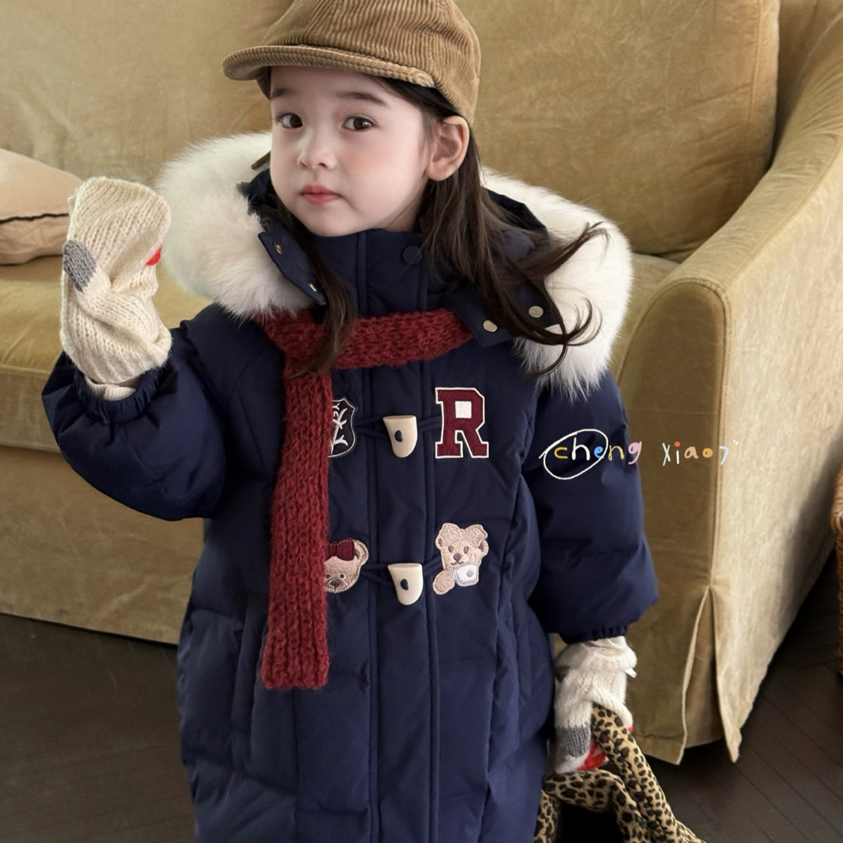 橙小七 2025冬季新款女童小童韩版小熊大毛领中长可爱羽绒服外套