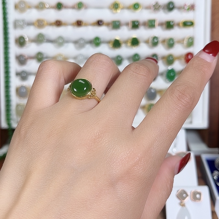 和田玉戒指银S925镀金镶嵌