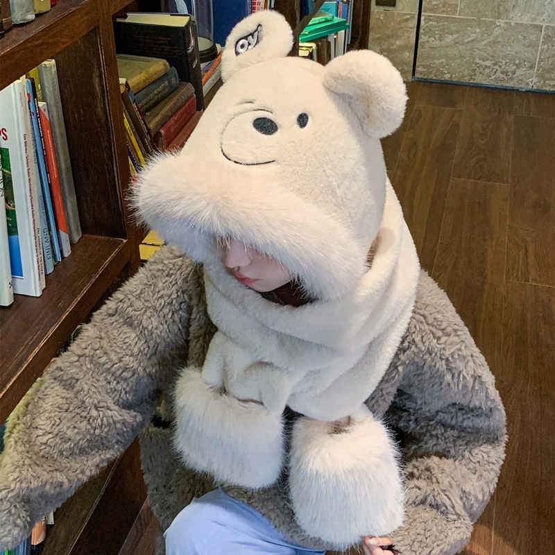 爆款眯眼熊加厚百搭三件套防寒韩版毛绒冬天网红护耳帽保暖一体帽