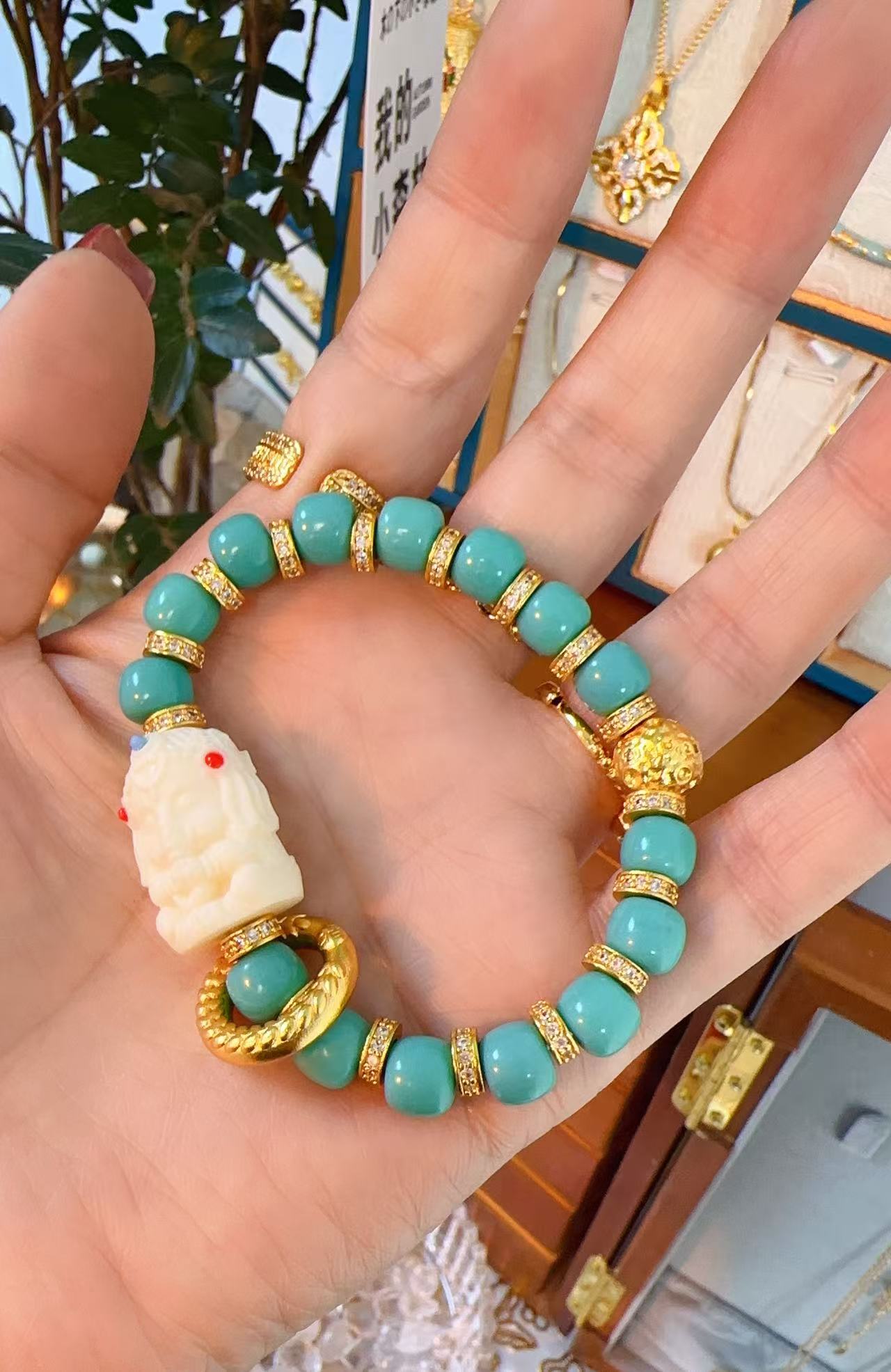 铜合金合成锆石手链 SQ思岐新中式-绿珠点锆象神手链5906