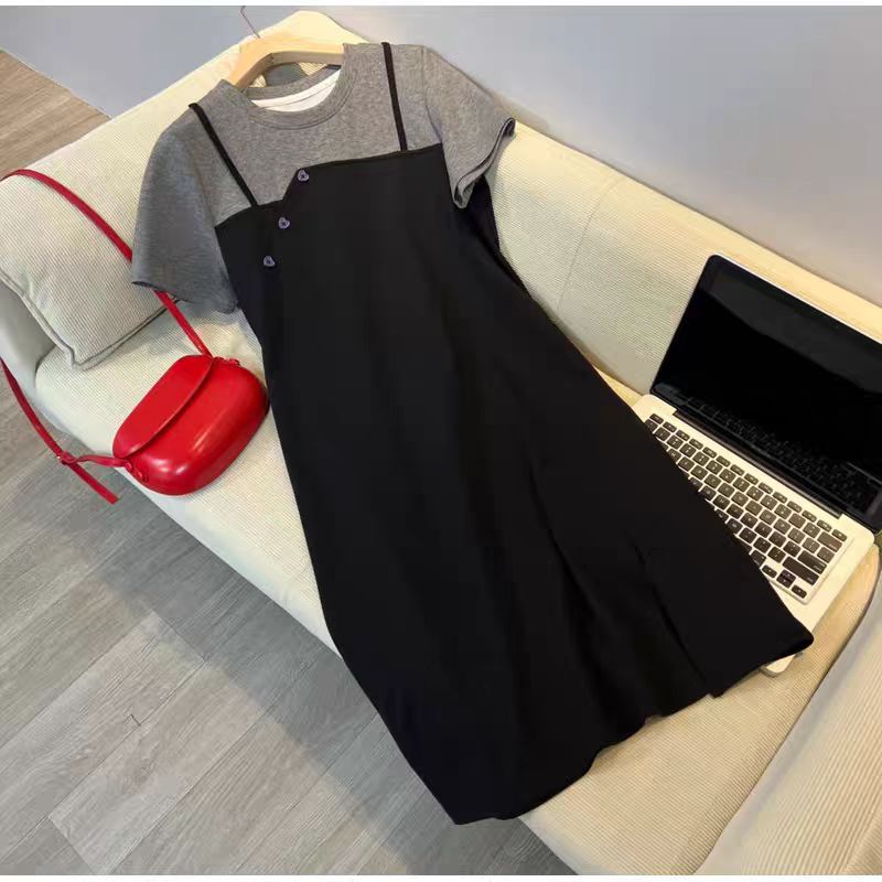 夏季新款大码时尚显瘦韩版假两件女连衣裙2009