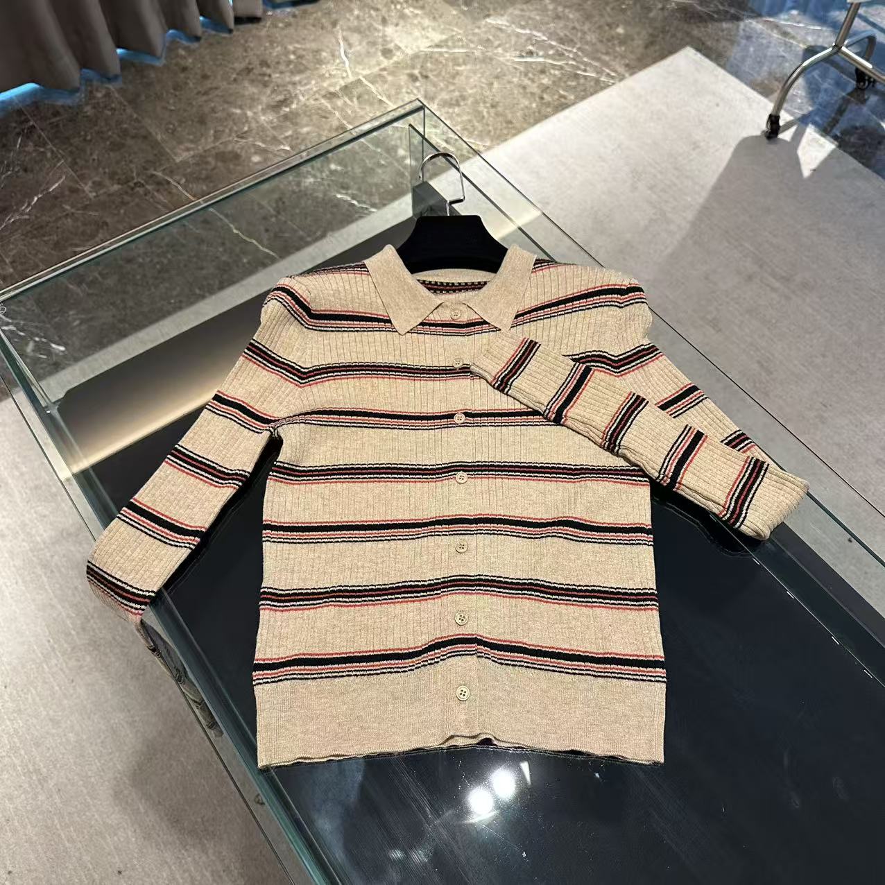 百搭修身显瘦复古条纹polo领开衫针织上衣 J000096