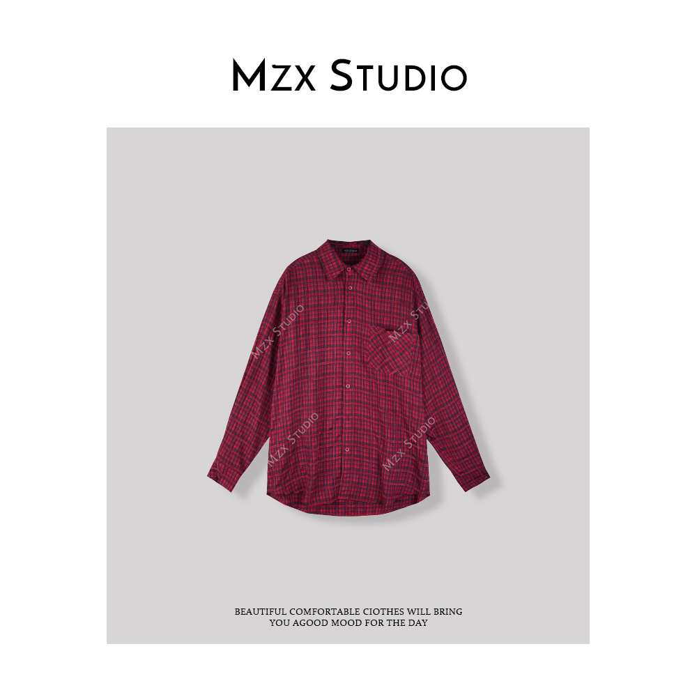 MZX 复古红色格纹宽松休闲衬衫SY7567-X