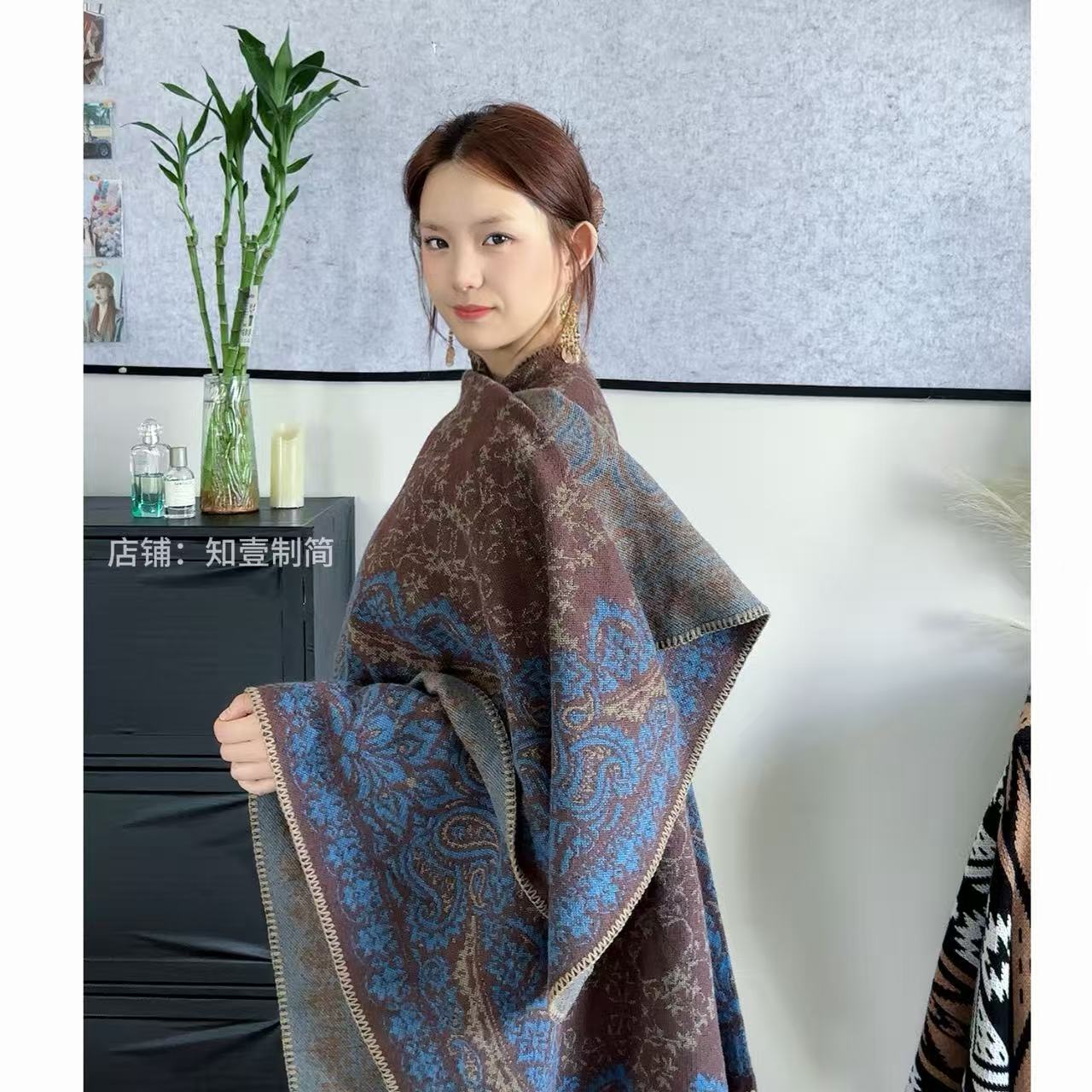 【花间浮影】复古中国风提花刺绣保暖百搭双面可披仿羊绒大披肩斗篷