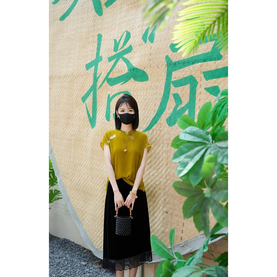 【双旦福利】萦素 新中式夏季钉珠亮片真丝丝绒休闲上衣 H25314