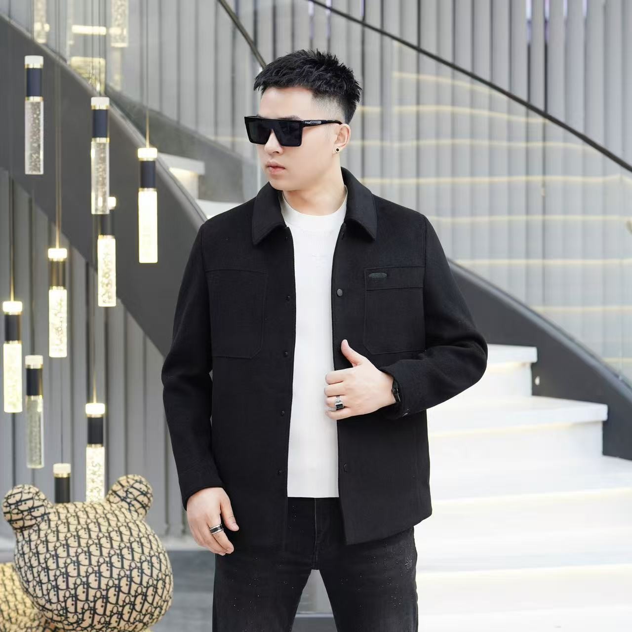 秋冬绵羊毛双面呢男士加厚翻领短款活里活面羽绒夹克外套