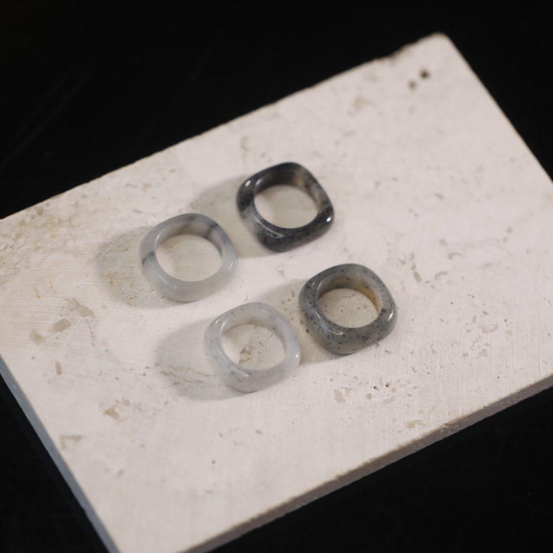 麦麦【墨方】天然和田玉青花籽 四方 戒指 多样性发一