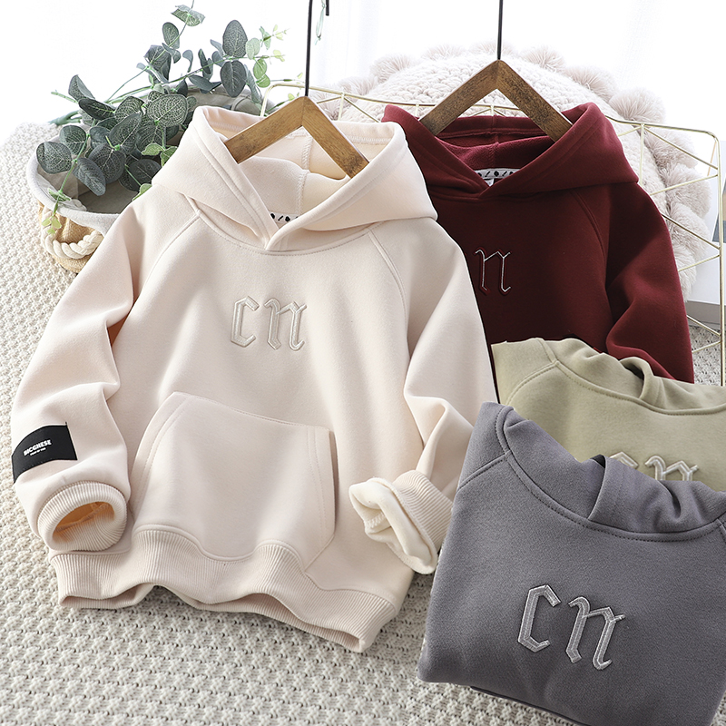 男童秋冬连帽卫衣中大童2025新款加绒一体绒保暖上衣