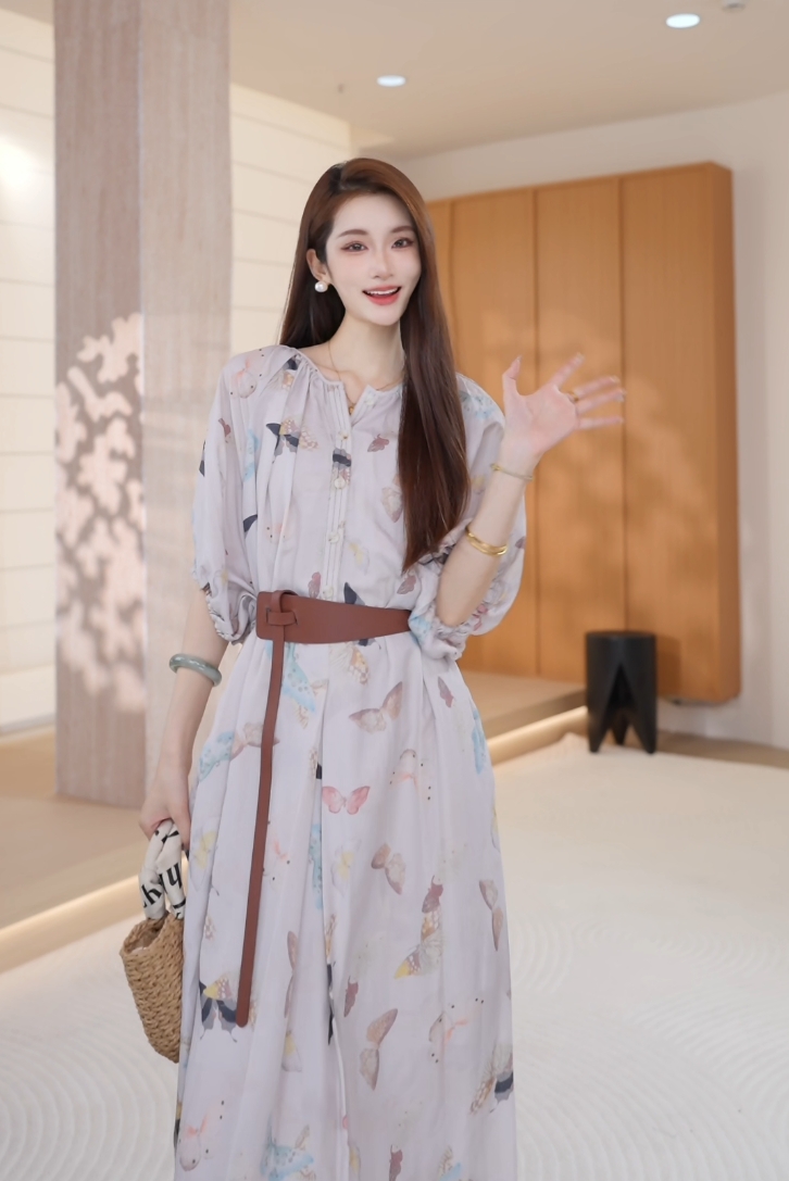 【饭饭】度假风半袖连衣裙女夏季宽松显瘦裙子a字长裙三件套24Q070