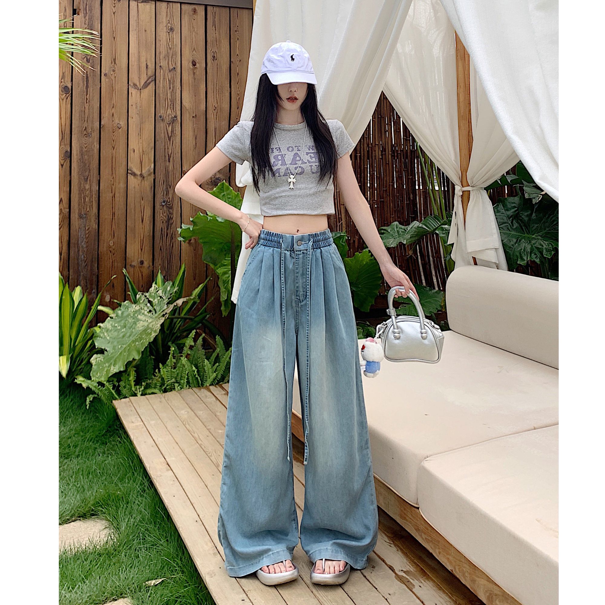 浅蓝色薄款天丝牛仔裤女夏新款抽绳宽松阔腿显瘦垂感冰丝直筒裤子