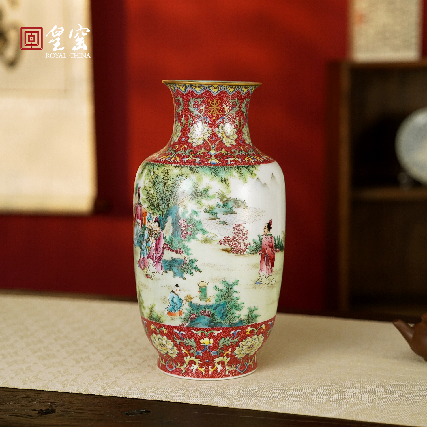 皇窑景德镇花瓶仿古中式陶瓷摆件九老四少冬瓜瓶客厅玄关装饰瓷器