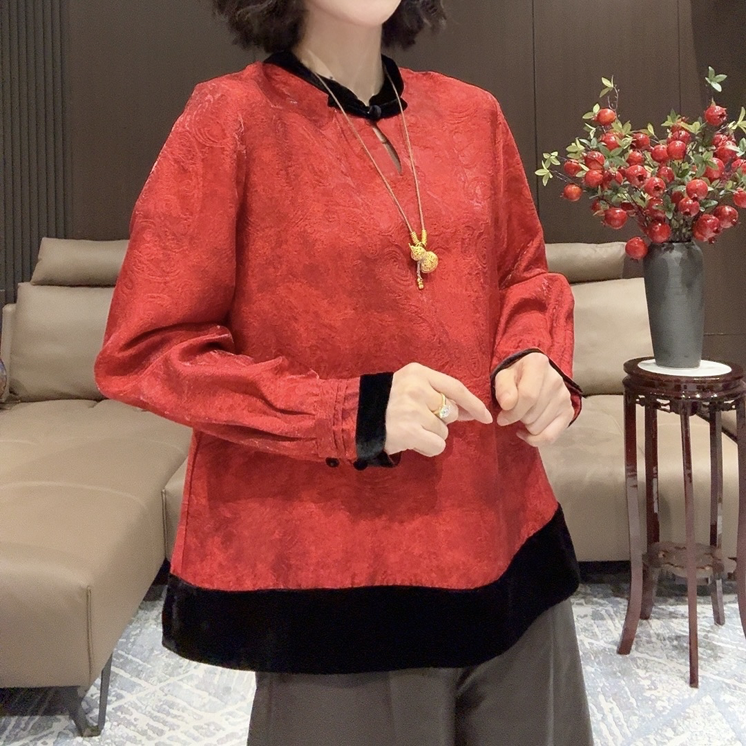 国风韩版丝绒拼接新年红色上衣