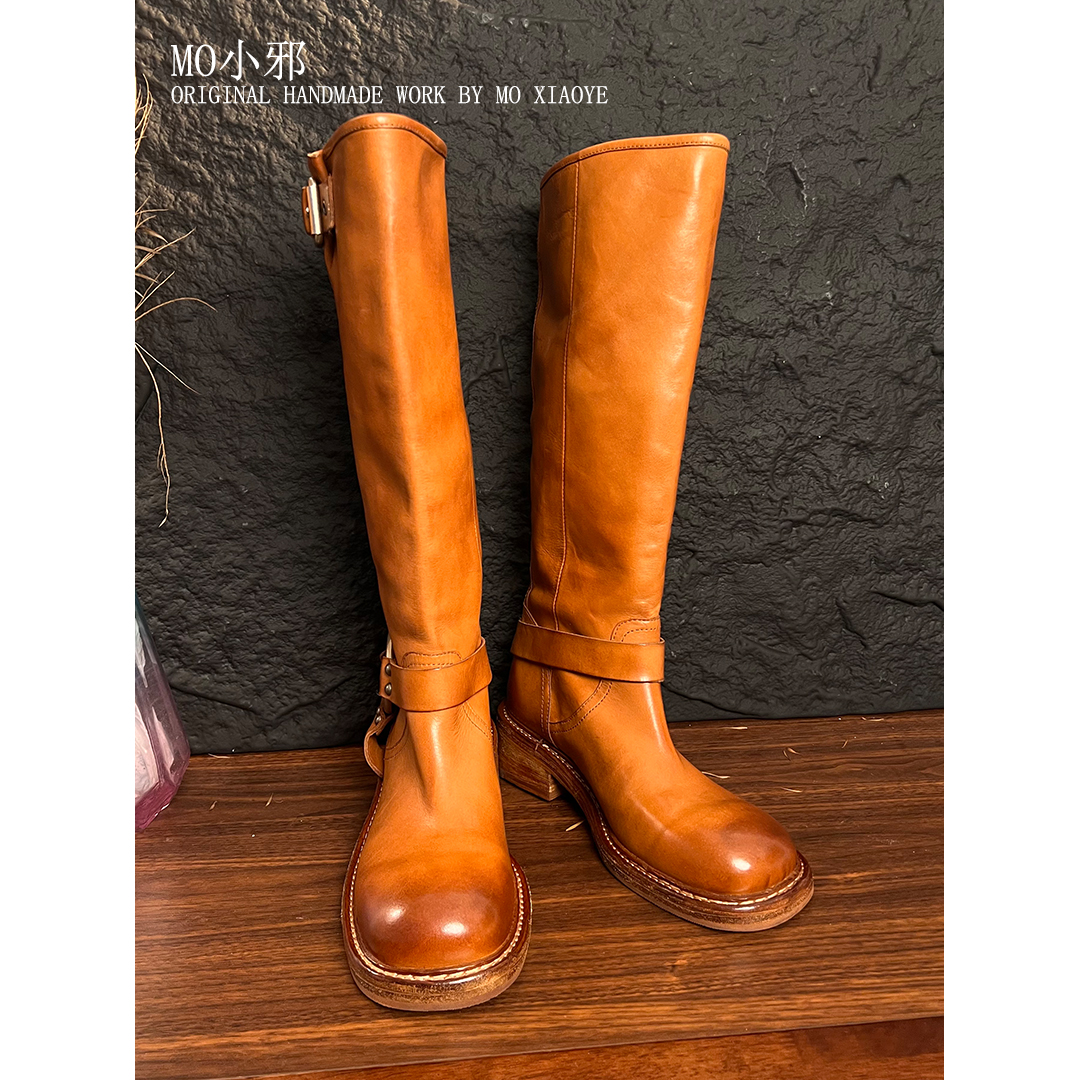MO小邪‘纯手工马皮烟筒靴秋季新款真皮中筒马丁靴女美拉德瘦瘦靴