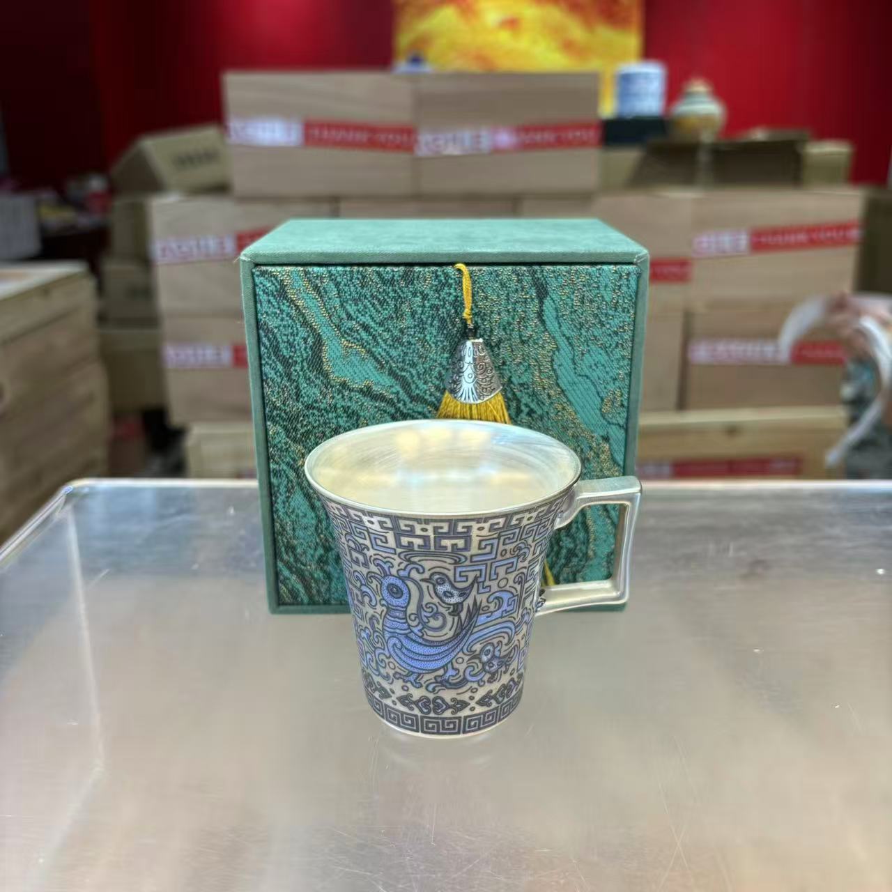 秋香茶具天命玄鸟比翼鸟银主人杯咖啡杯茶杯品茗杯-3242
