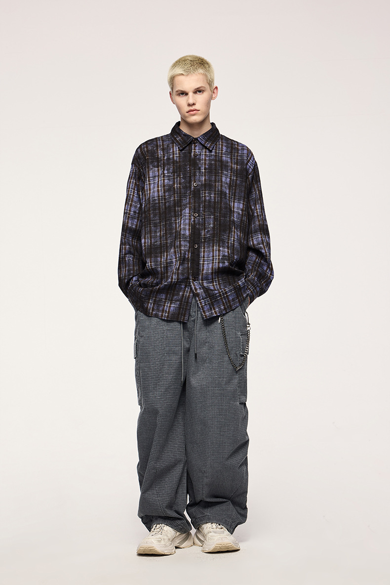 DaDa脏染格纹复古男士衬衫废土风dirtyfit宽松格子休闲条纹衬衣