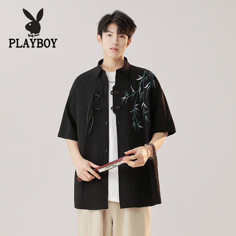 花花公子黑色国风竹子刺绣衬衫男短袖新中式禅意套装订婚礼服唐装