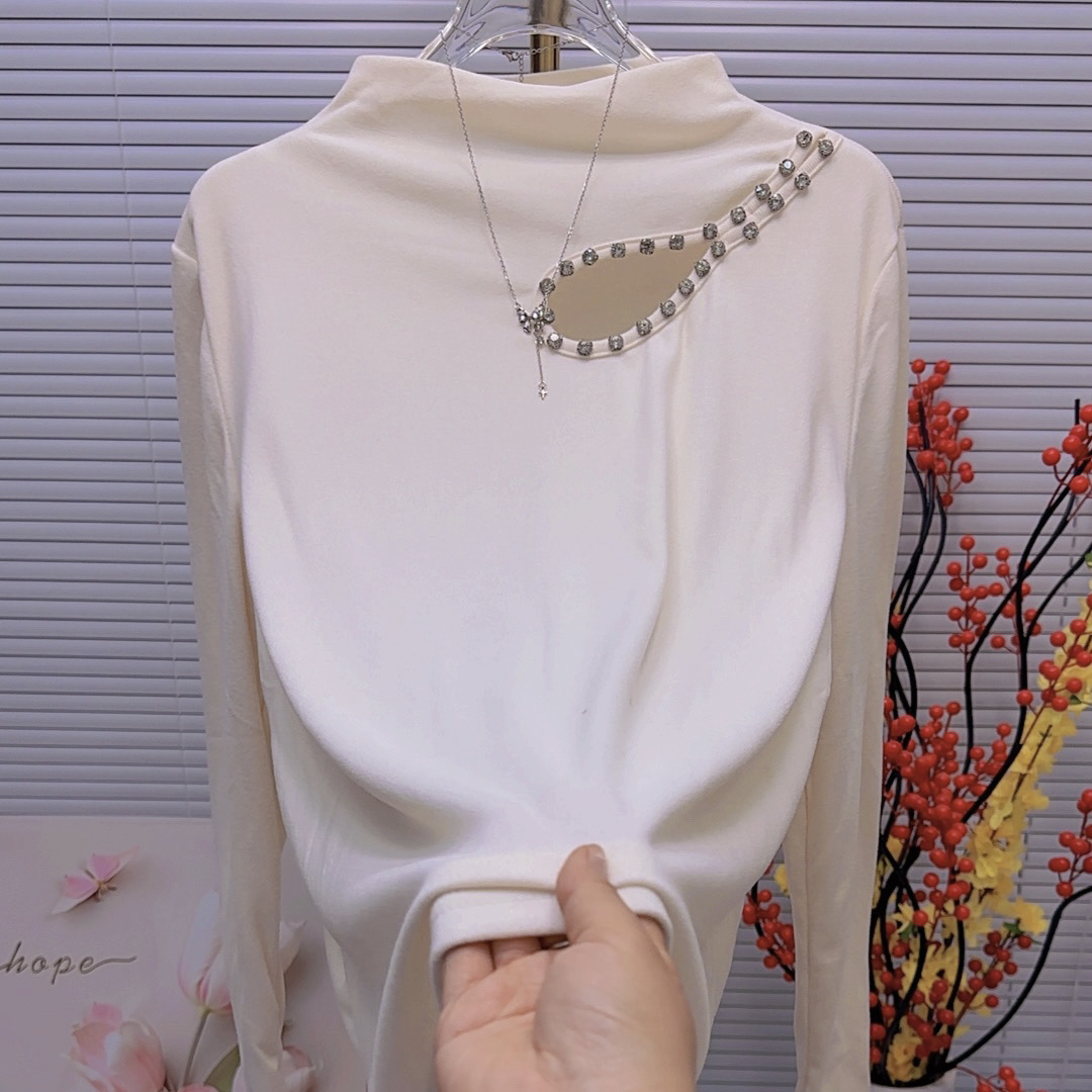 2025磨毛半高领2027打底衫女重工钉珠镂空秋冬季设计感小众长袖
