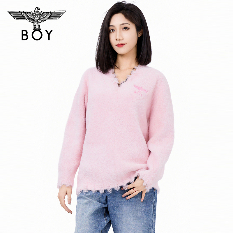 BOY25秋冬仿貂绒刺绣朋克百搭女款V领长袖针织毛衣W60902