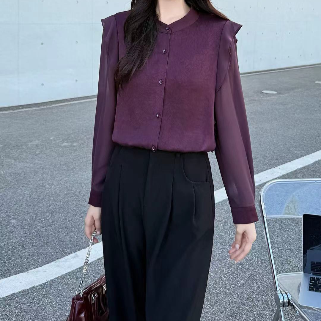 紫色优雅气质长袖衬衫秋季新款立领花边设计洋气减龄上衬衣