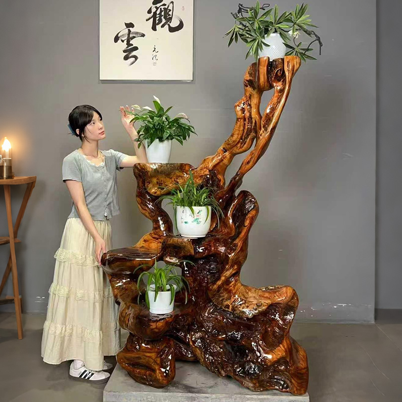 天然实木根雕花架落地式适合家居摆放的置物花盆架