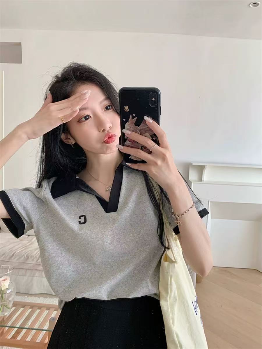 1348 GZE3polo领美式复古正肩短袖t恤女装夏季新款v领短款上衣