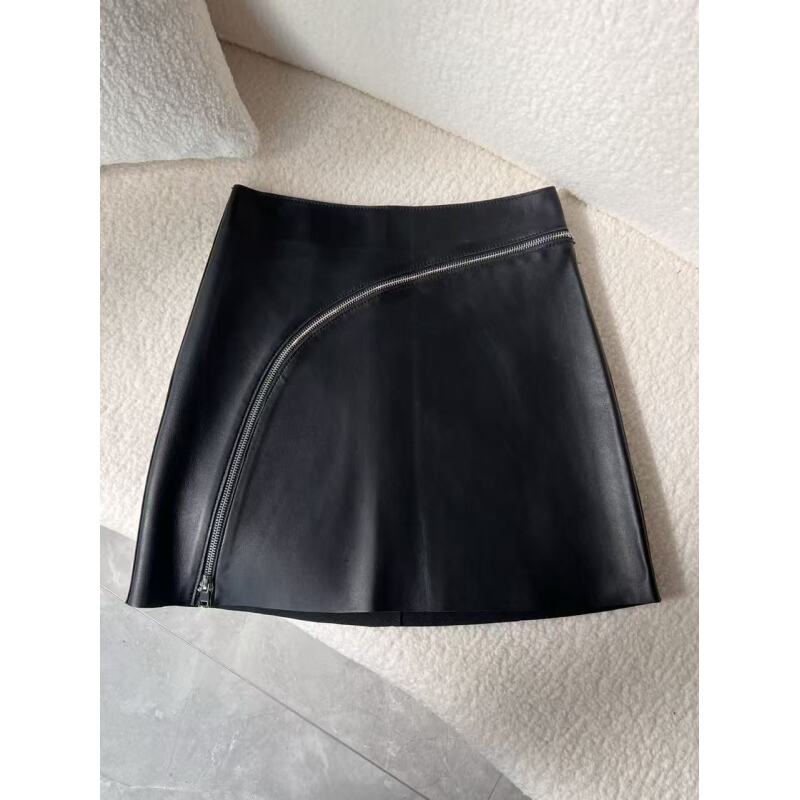 新款A字显瘦高腰时尚绵羊皮裙春秋洋气百搭女士真皮A字裙gp弯拉链