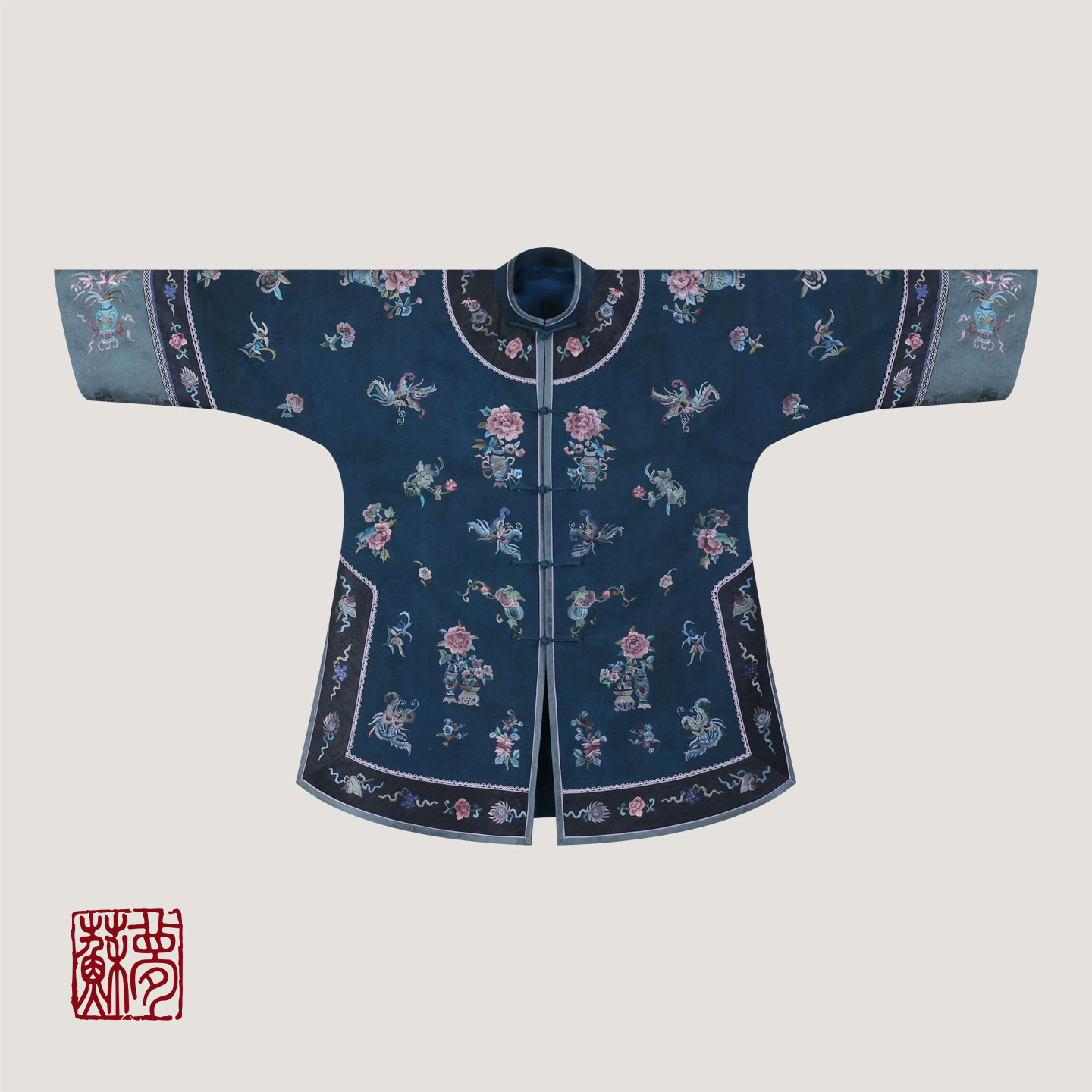 蘇夢【百花图】香云纱海涛蓝中式重工满绣立领对襟半大褂01031583