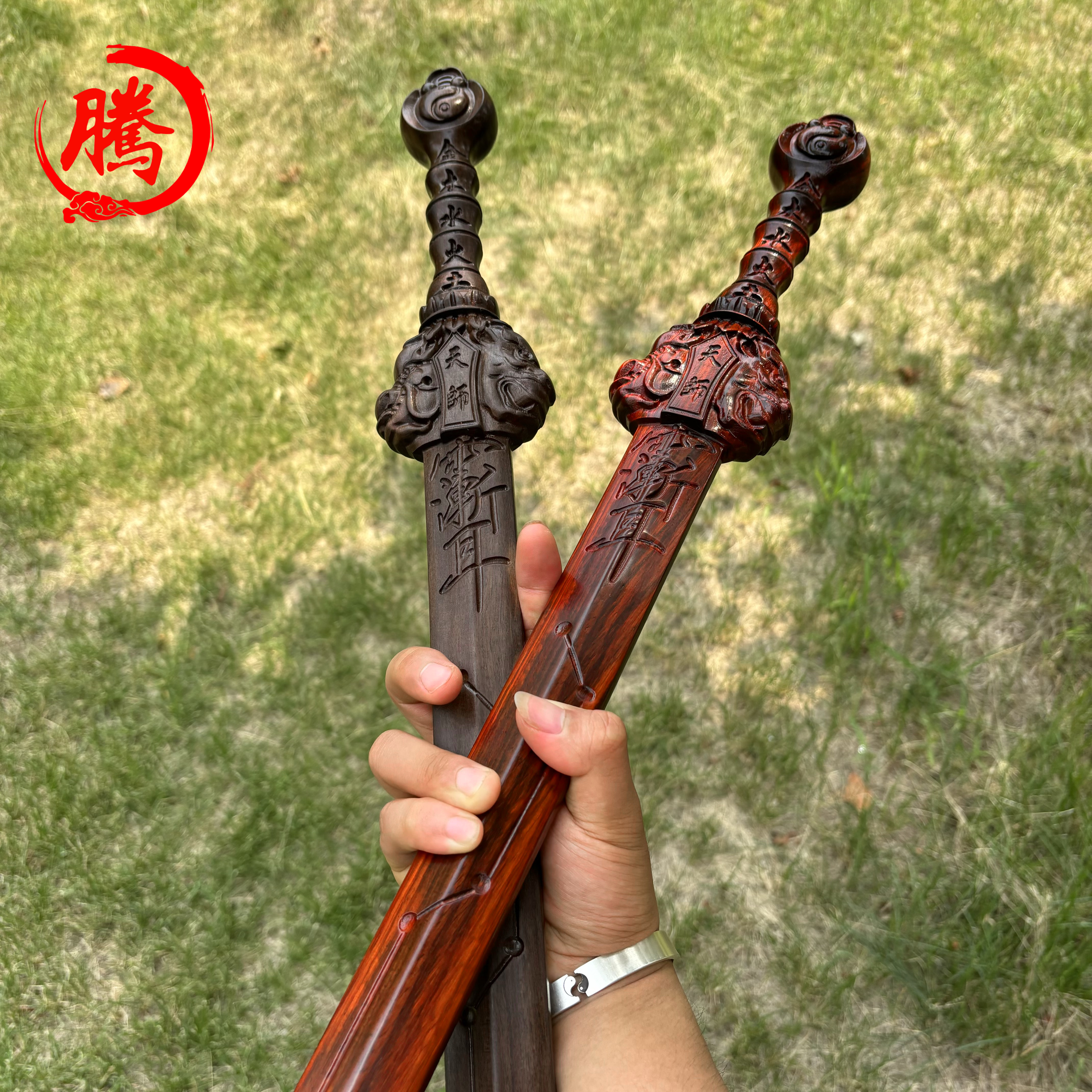  腾飞木艺-精品道士龙虎七星剑80公分紫檀整木一体精雕精磨太极棍
