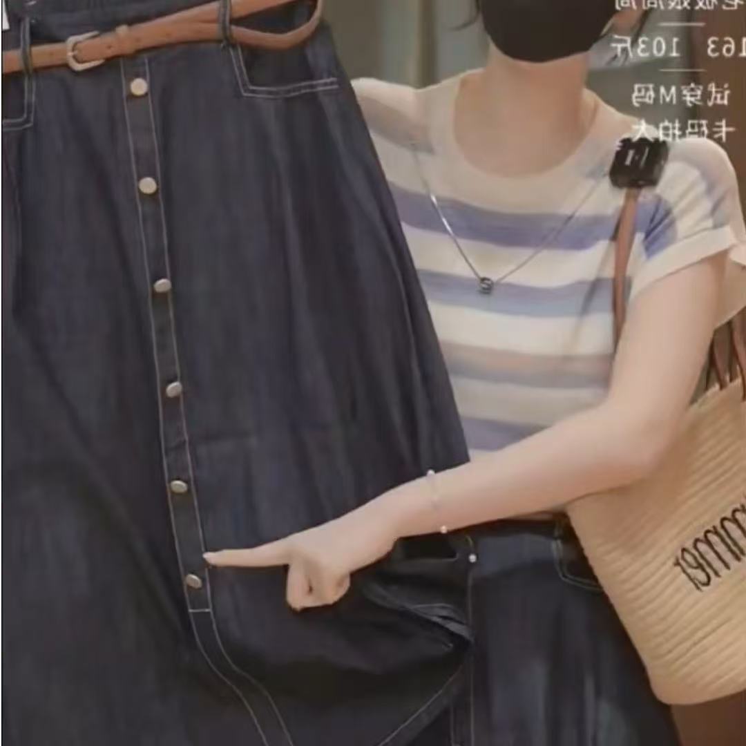 夏季薄款A字牛仔复古半身裙带腰带