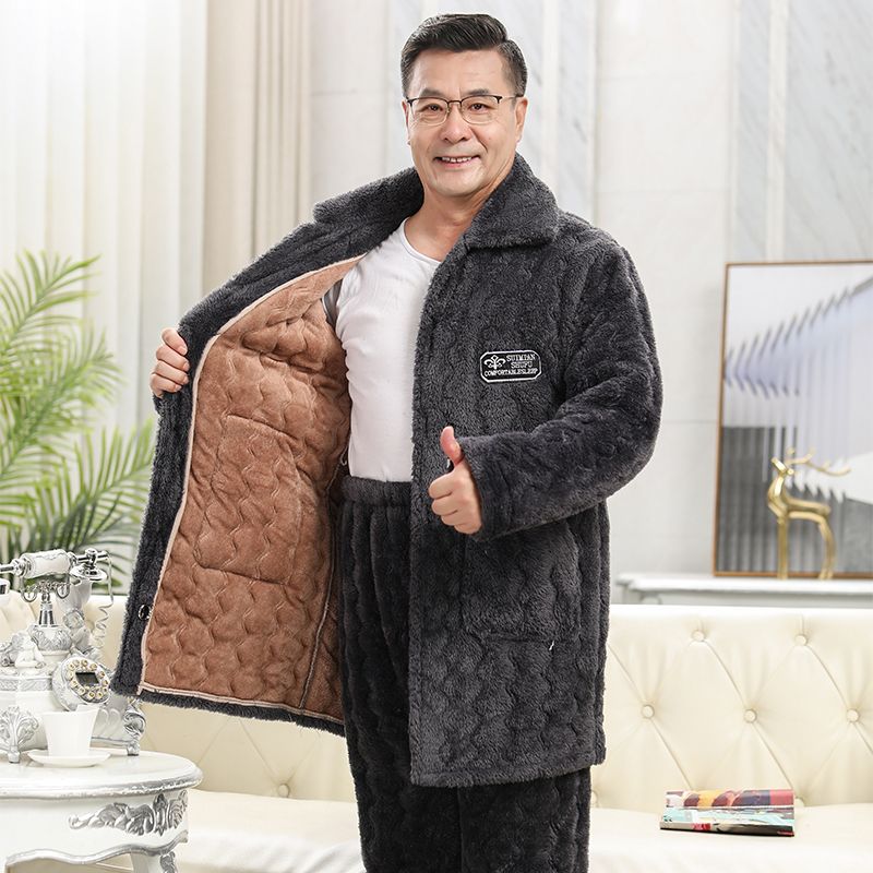 爸爸睡衣男冬季珊瑚绒三层夹棉加厚加绒中老年保暖棉袄家居服套装