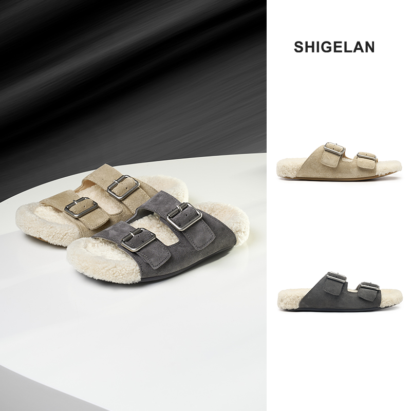 诗歌兰25潮牌百搭复古风真皮平底防滑秋季勃肯毛毛拖鞋外穿1208-1