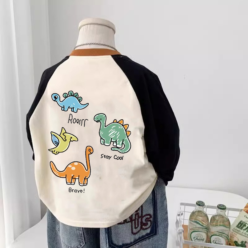 韩版儿童圆领纯棉短袖t恤夏装撞色卡通印花男童女童宝宝拼接洋气