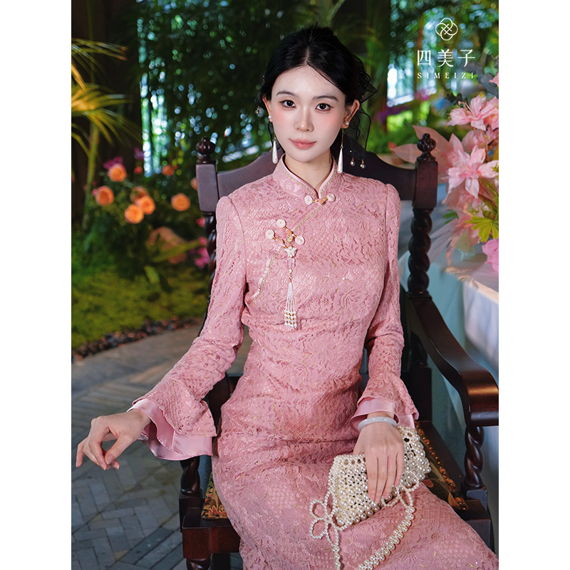 四美子【嘉人】秋季新款气质新中式显瘦修身蕾丝旗改良袍裙连衣裙