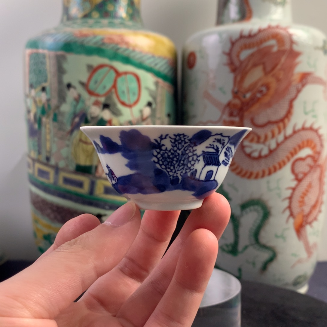 杯子陶6602瓷器—青花山水人物杯