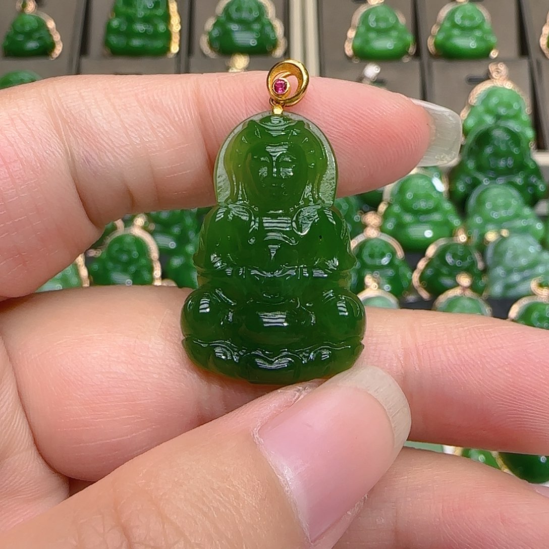 和田玉（碧玉）吊坠(不含链)18K金镶嵌