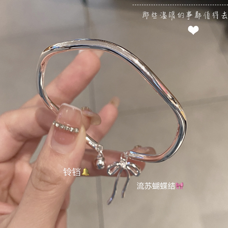 足银999手镯纯银开口波浪流苏蝴蝶结铃铛银手镯女款民族风银饰