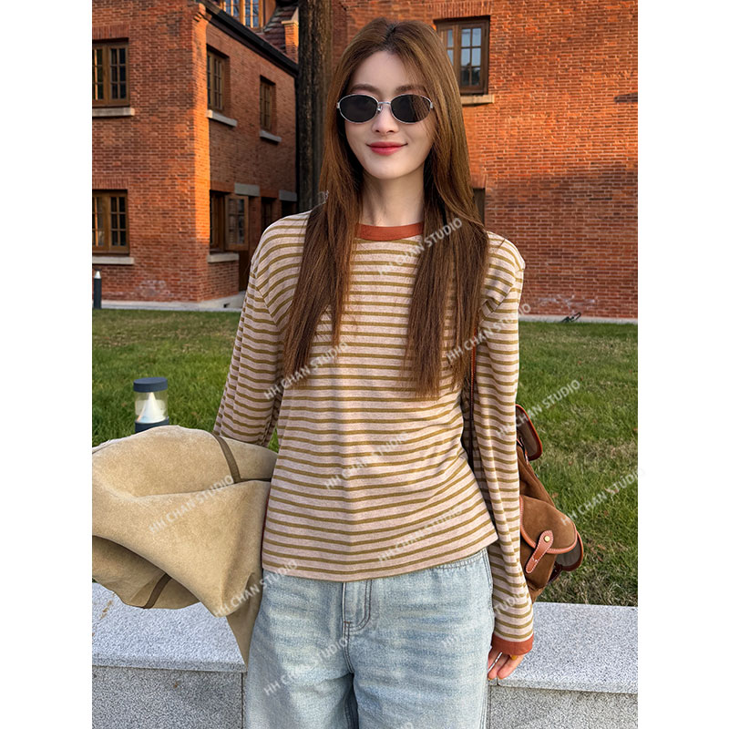 HH.CHAN “橙子汽水” 特调灰橘百搭显白条纹长袖T HH53D41404-KK