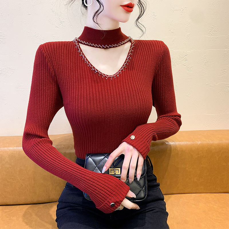 绝美钉珠高级打底衫女秋冬法式喇叭袖针织衫内搭修身毛衣洋气上衣