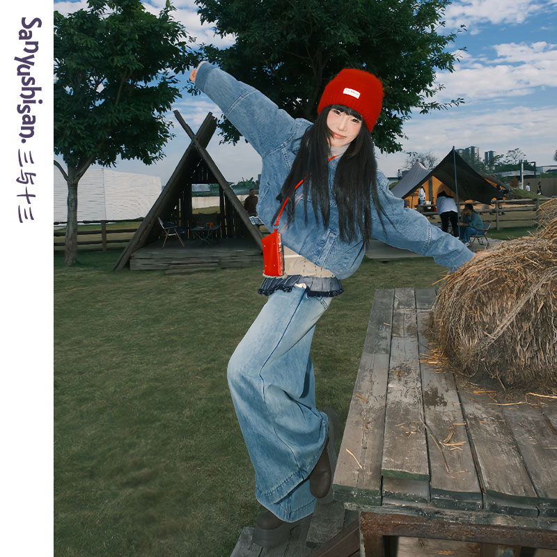 三与十三|加州漫步|韩版宽松显瘦内里仿水貂毛加厚保暖牛仔外套