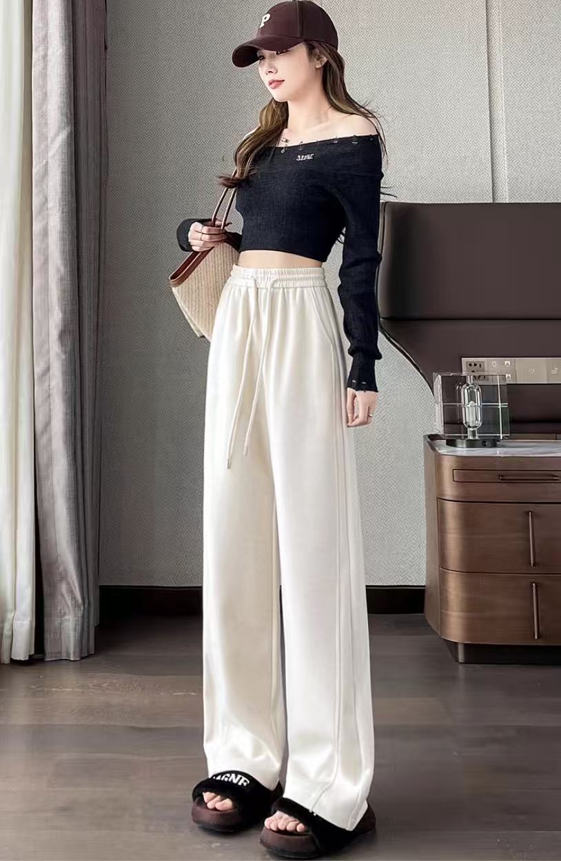 无口袋阔腿裤2025年新款窄版宽松垂感小个子休闲直筒裤 女