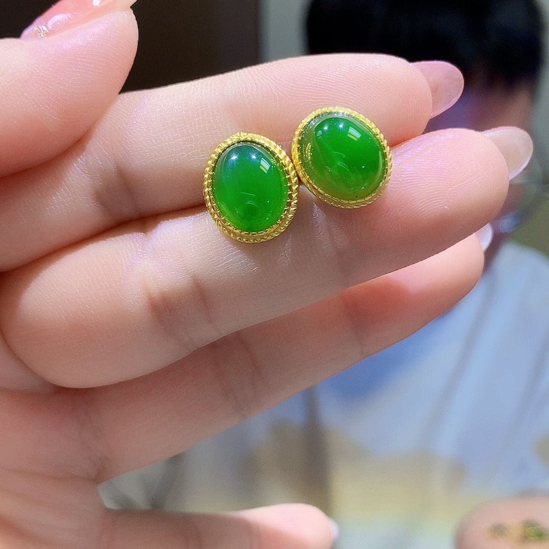 银S925镀金镶嵌和田玉（碧玉）耳饰