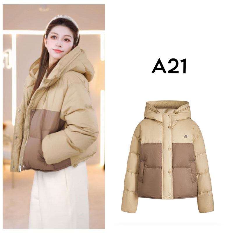 A21女装梭织宽松连帽落肩开襟中短羽绒服外套F444215020