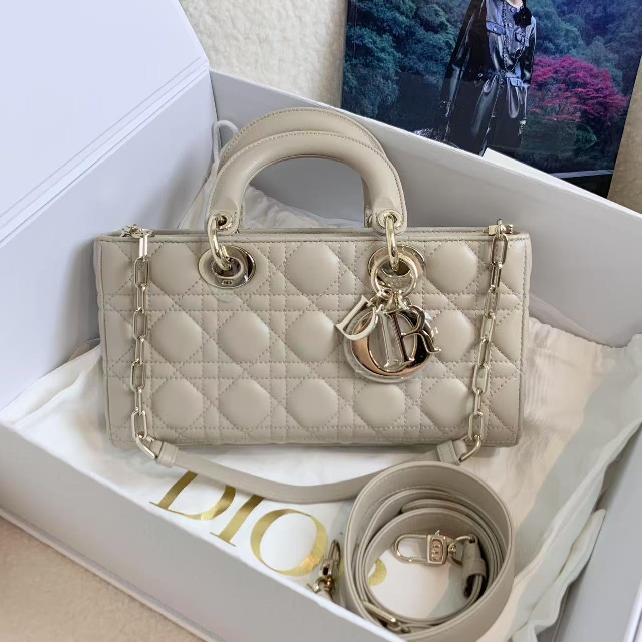 99新 DIOR/迪奥 壹臻/胭脂米色D-joy横版戴妃中号25年票/59133219