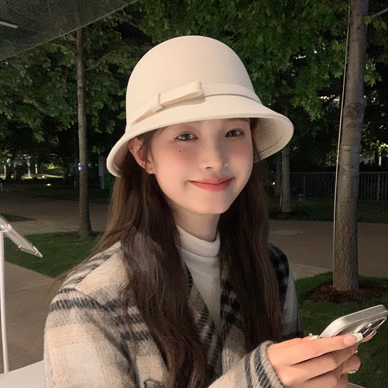 秋冬新款法式赫本风宽帽檐渔夫帽子女优雅气质显脸小毛呢保暖礼帽
