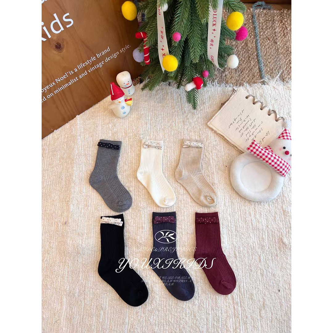 飞飞家羊毛袜25秋冬款女童波点蝴蝶结软糯韩版百搭袜子FF3080